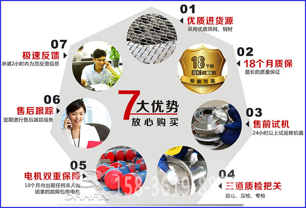 大漢食品振動(dòng)篩的7大優(yōu)勢(shì)：優(yōu)質(zhì)進(jìn)貨源，售后跟蹤，售前試機(jī)等。