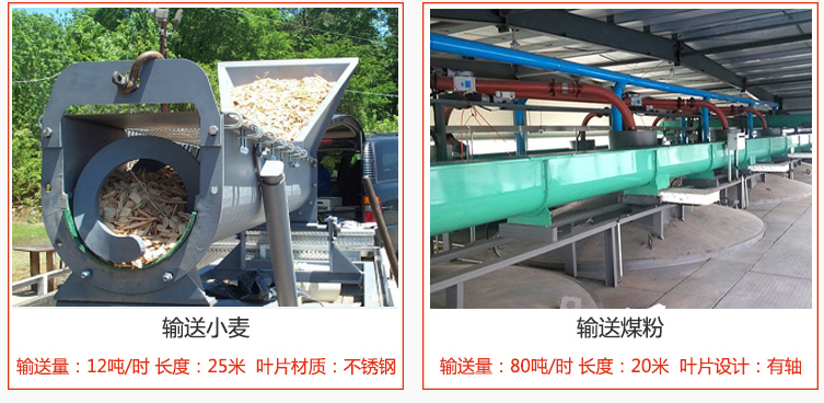 絞龍螺旋輸送機(jī)輸送小麥輸送量在12噸/時，長度為25米，葉片采用不銹鋼材質(zhì)；輸送水泥輸送量在80噸/時，長度為20米，葉片設(shè)計為有軸。
