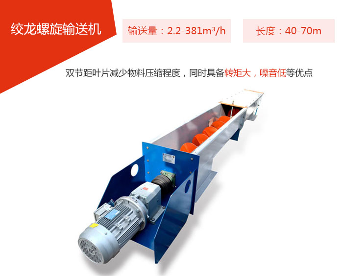 絞龍螺旋輸送機(jī)輸送量：2.2-381m3/h 長度：40-70m 雙節(jié)距葉片減少物料壓縮程度，同時具備轉(zhuǎn)矩大，噪音低等優(yōu)點。