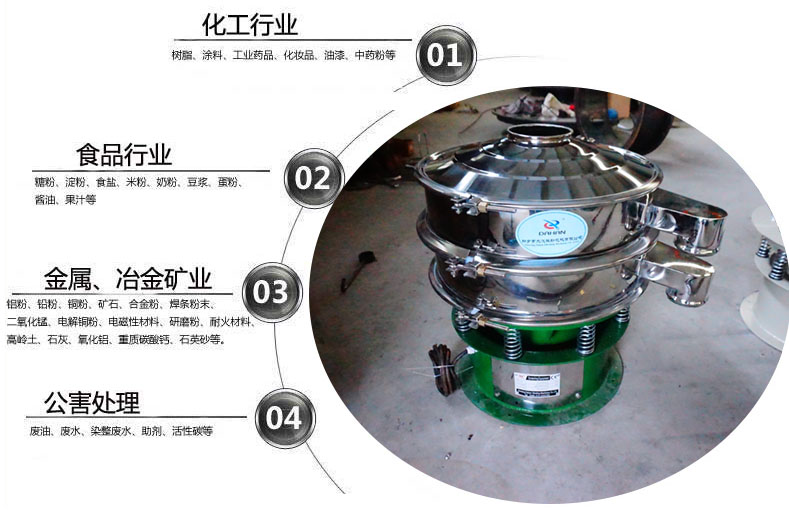 面粉振動篩粉機適用于化工，食品，金屬、冶金，公害處理等行業(yè)