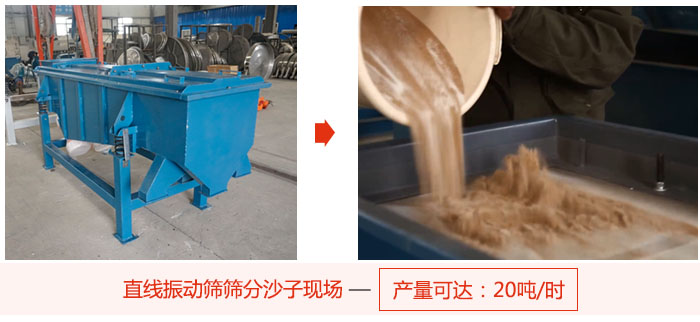 直線振動篩篩分沙子現場展示，產量高達20噸每小時。