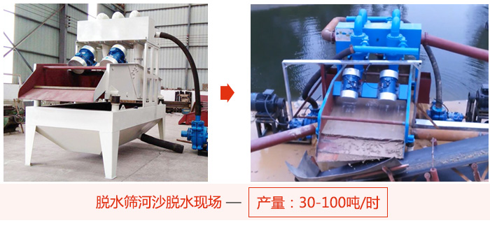 脫水篩河沙脫水現場，產量可達100噸每小時。